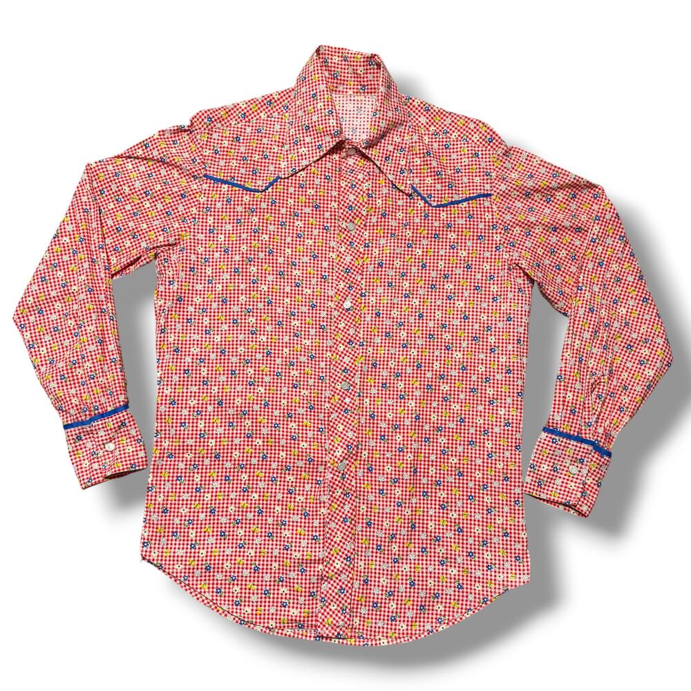 Vintage 60s 70s Western Shirt Floral Gingham Handmade OOAK Snap Cowboy Hippie M